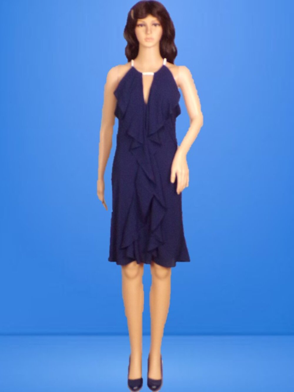 VENUS size 10 navy-blue sleeveless fit/flare dress 100% polyester machine wash